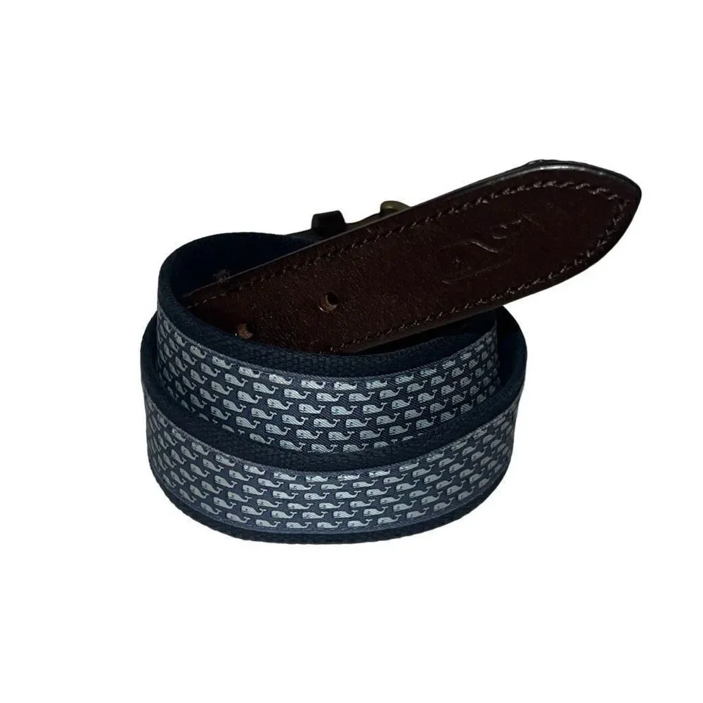 Vineyard Vines Men’s Whale Adjustable Belt Logo Silk Leather Blue Brown Sz 30